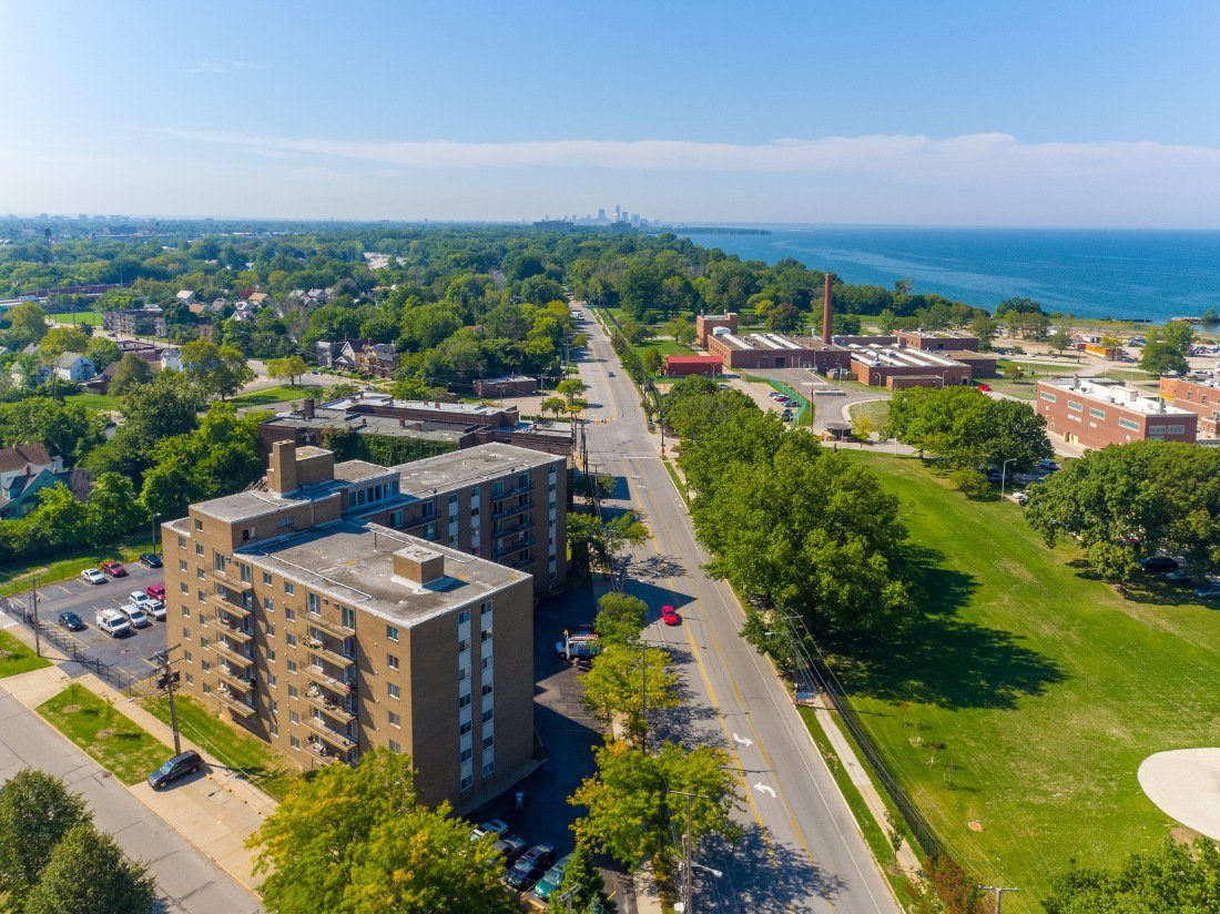 Aerial view of Breakwater Tower apartments on the Cleveland lakefront.